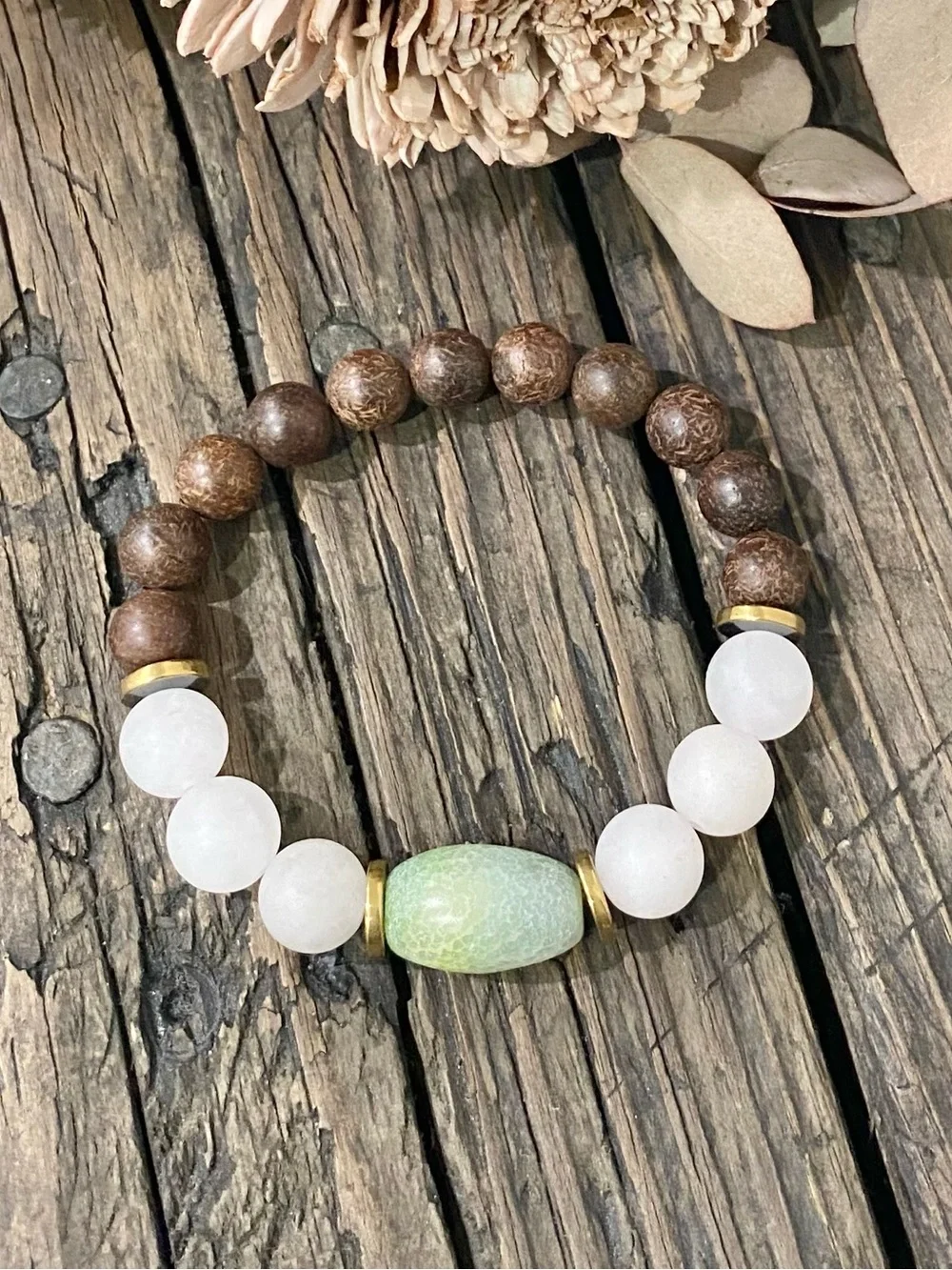 Sandalwood and Quartz Bead Stretch Bracelet, Gold & Green Glass Accents